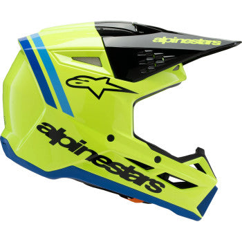 Alpinestars Youth SM3 helmet in Radium gloss yellow with black and blue accents, large size, front view with ventilation vents.