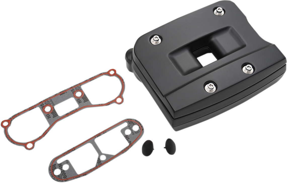 Black finish DRAG SPECIALTIES Rocker Box for Evo Big Twin motorcycle engine parts, part number 037006, detailed and durable design.