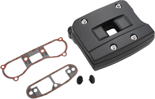 Black finish DRAG SPECIALTIES Rocker Box for Evo Big Twin motorcycle engine parts, part number 037006, detailed and durable design.
