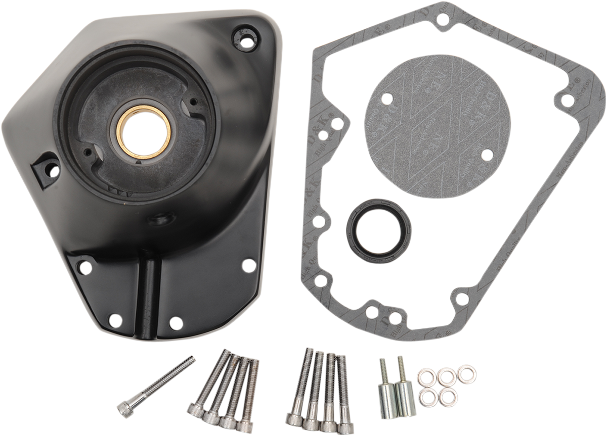Satin black EVO Big Twin Cam cover by DRAG SPECIALTIES, showcasing the sleek, durable motorcycle engine component.