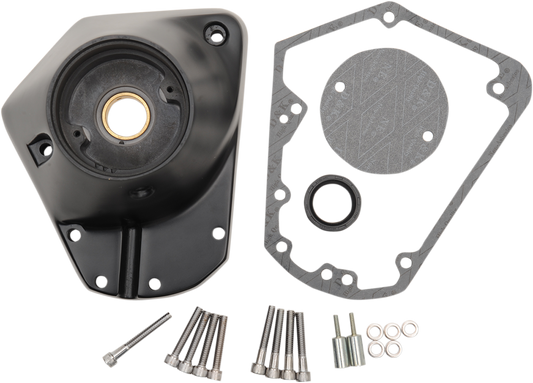 Satin black EVO Big Twin Cam cover by DRAG SPECIALTIES, showcasing the sleek, durable motorcycle engine component.
