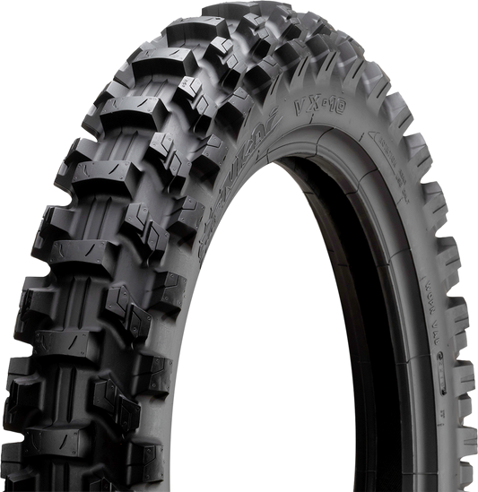 IRC VX-10 Mini Motocross rear tire 90/100-16 model T10528 showing tread pattern and sidewall details.
