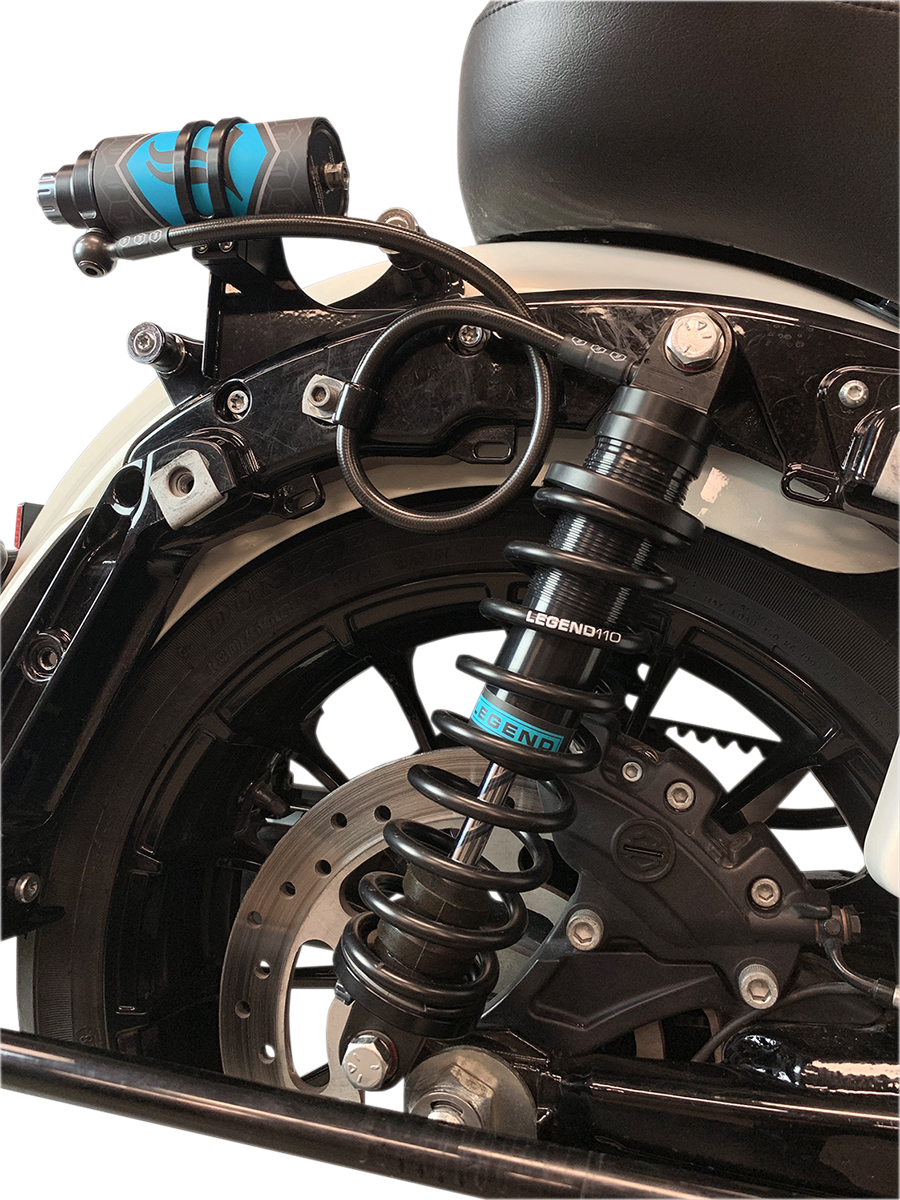Legend Suspension Revo ARC external reservoir mount for Harley Touring models, part 1313-0167, with metal construction and mounting hardware.