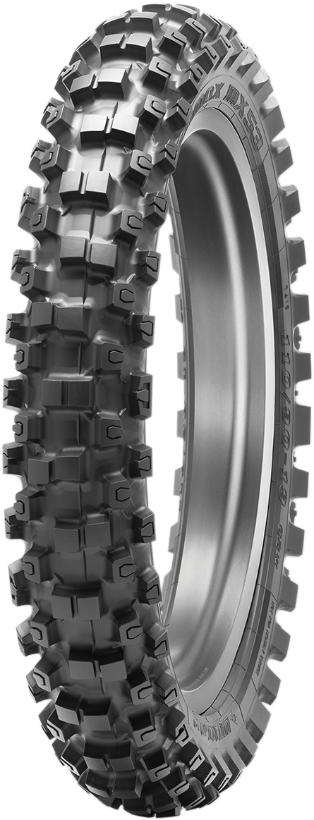 Dunlop Geomax MX53 rear tire for motocross, 120/80-19 size, designed for intermediate-hard terrain, with knobby tread pattern.