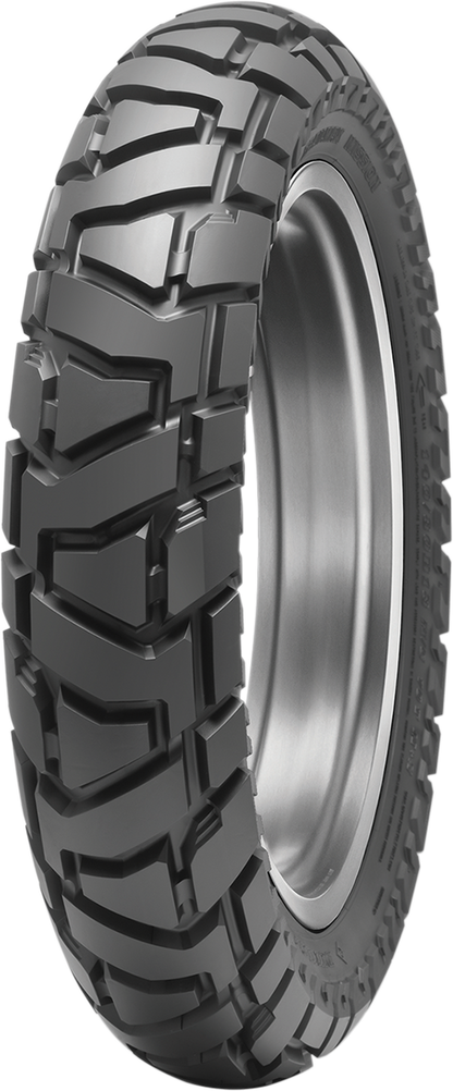 Dunlop Trailmax Mission rear motorcycle tire 150/70B18 70T for adventure bikes, featuring rugged tread pattern for off-road riding.