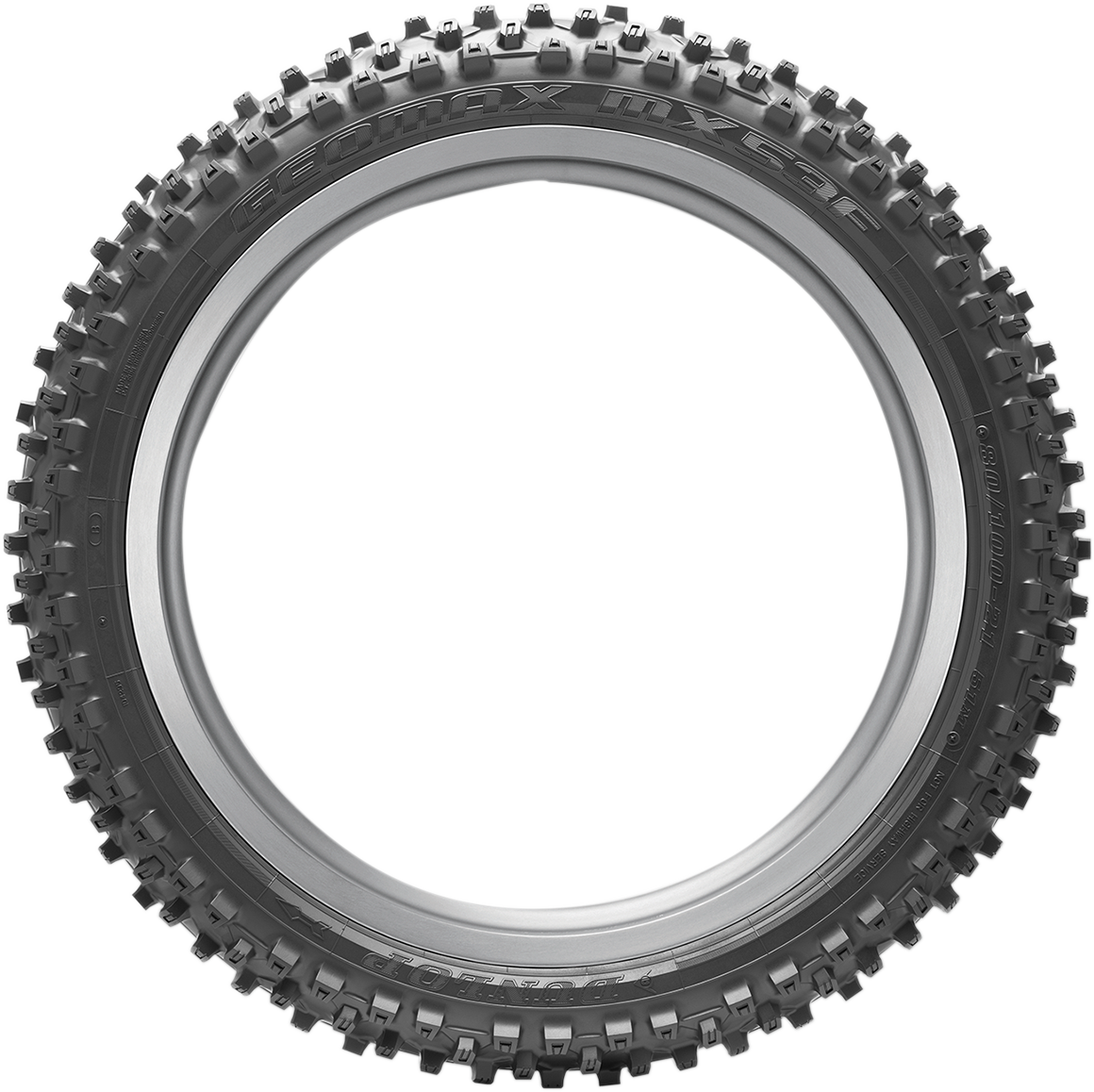 Dunlop Geomax MX53 front motorcycle tire in 60/100-14 size, designed for intermediate-hard terrain with rugged tread pattern.