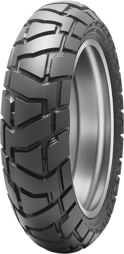 Dunlop Trailmax Mission rear off-road motorcycle tire, 140/80B18 70T, with rugged tread suitable for adventure riding.