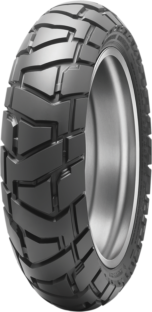 Dunlop Trailmax Mission rear off-road motorcycle tire, 140/80B18 70T, with rugged tread suitable for adventure riding.
