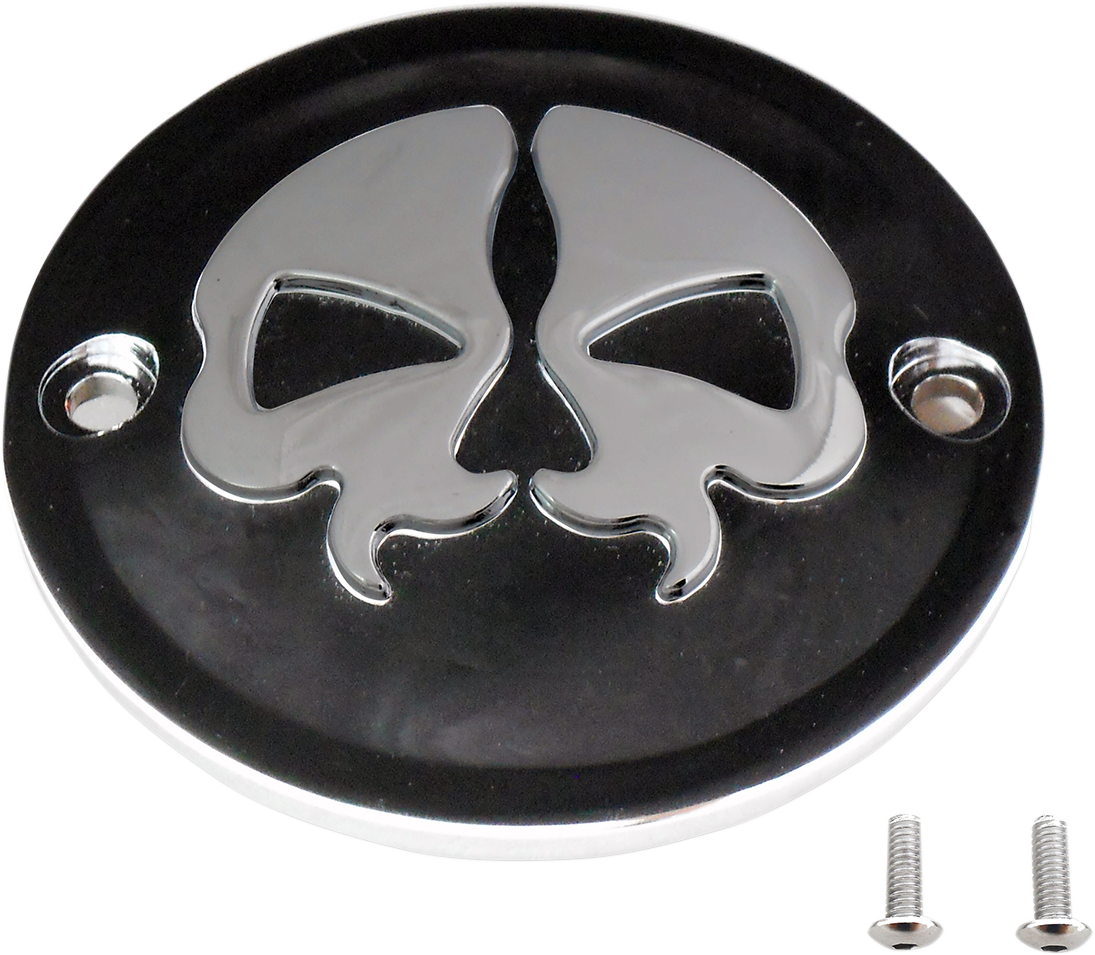 Black chrome skull points cover for motorcycle ignition switch by Drag Specialties, part #78041B.