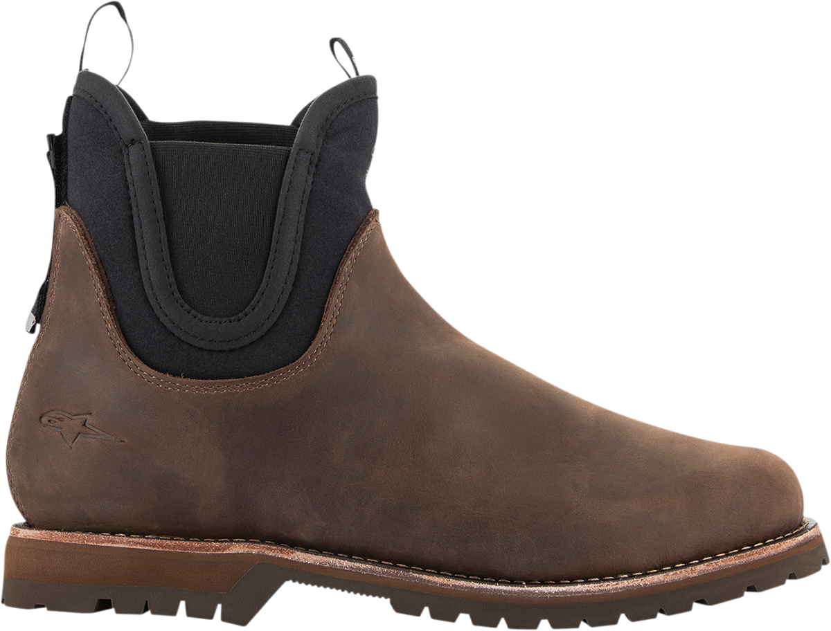 Alpinestars Turnstone motorcycle boots in black and brown, US 11.5, featuring sturdy design and protective ankle support.