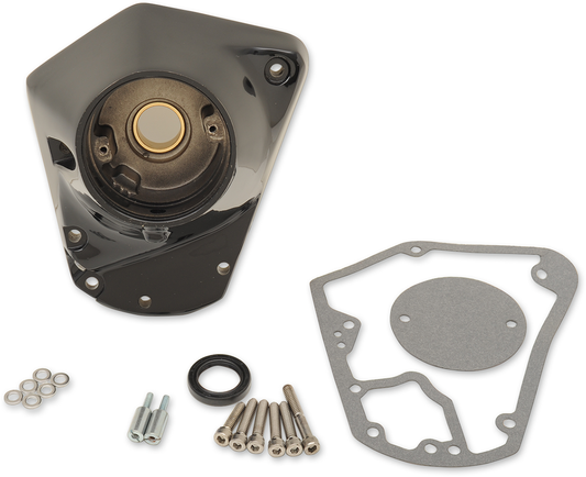 Gloss black Drag Specialties Big Twin Cam cover with part number 35-0015GB, showing the textured finish and mounting holes.