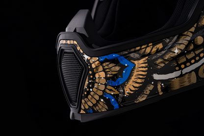 Bill's Exhausts ICON Airflite™ Helmet DayTripper Gold large helmet with aerodynamic design and clear visor in the image.