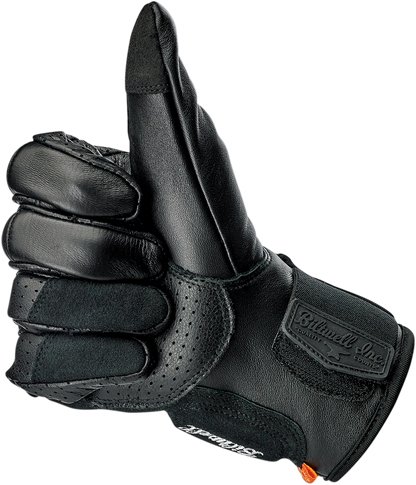 Black BILTWELL Borrego Gloves in large size, featuring durable material and detailed stitching, designed for motorcycle riding comfort.