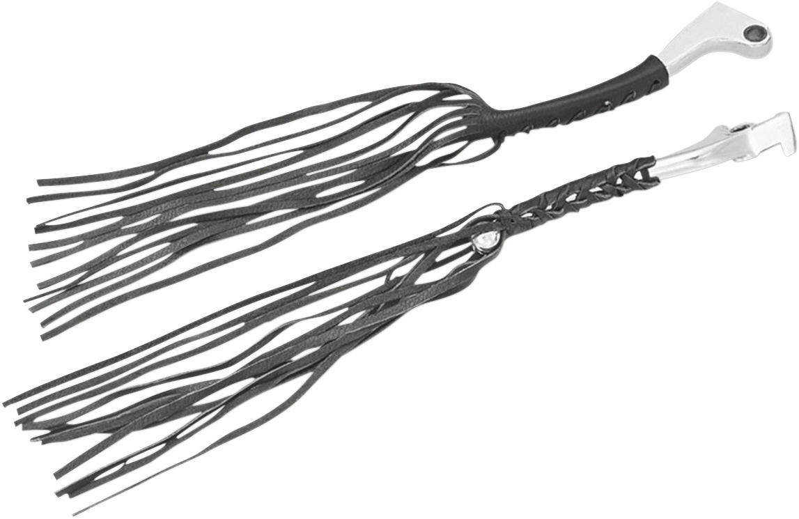 Show Chrome Leather Lever Laces for engine components by Bill's Exhausts, featuring detailed leather and chrome finishing.