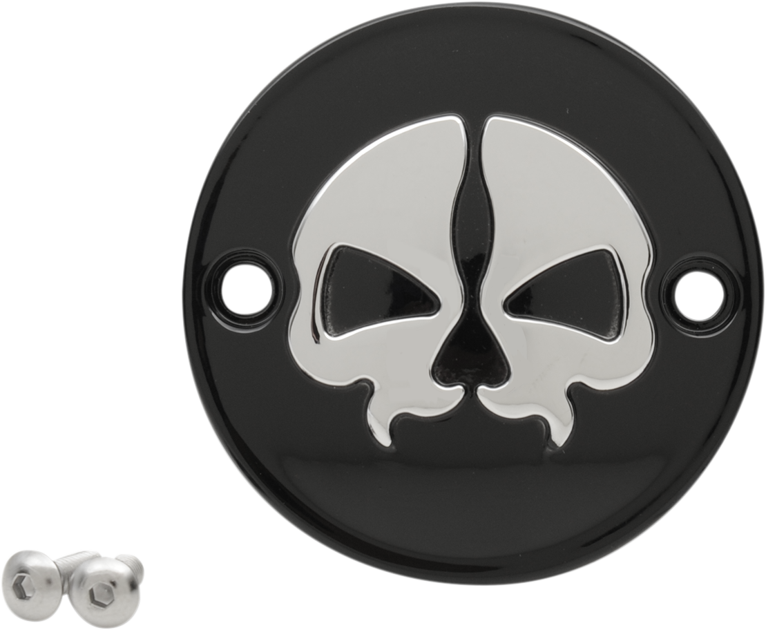 Black chrome skull points cover for M8 motorcycles by Drag Specialties, featuring detailed skull design.
