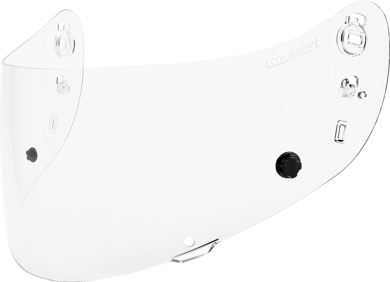 Clear ICON Optics™ Tracshield™ helmet visor part for ICON helmets, with a sleek transparent design.