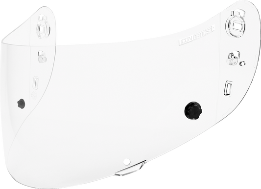 Clear ICON Optics™ Tracshield™ helmet visor part for ICON helmets, with a sleek transparent design.