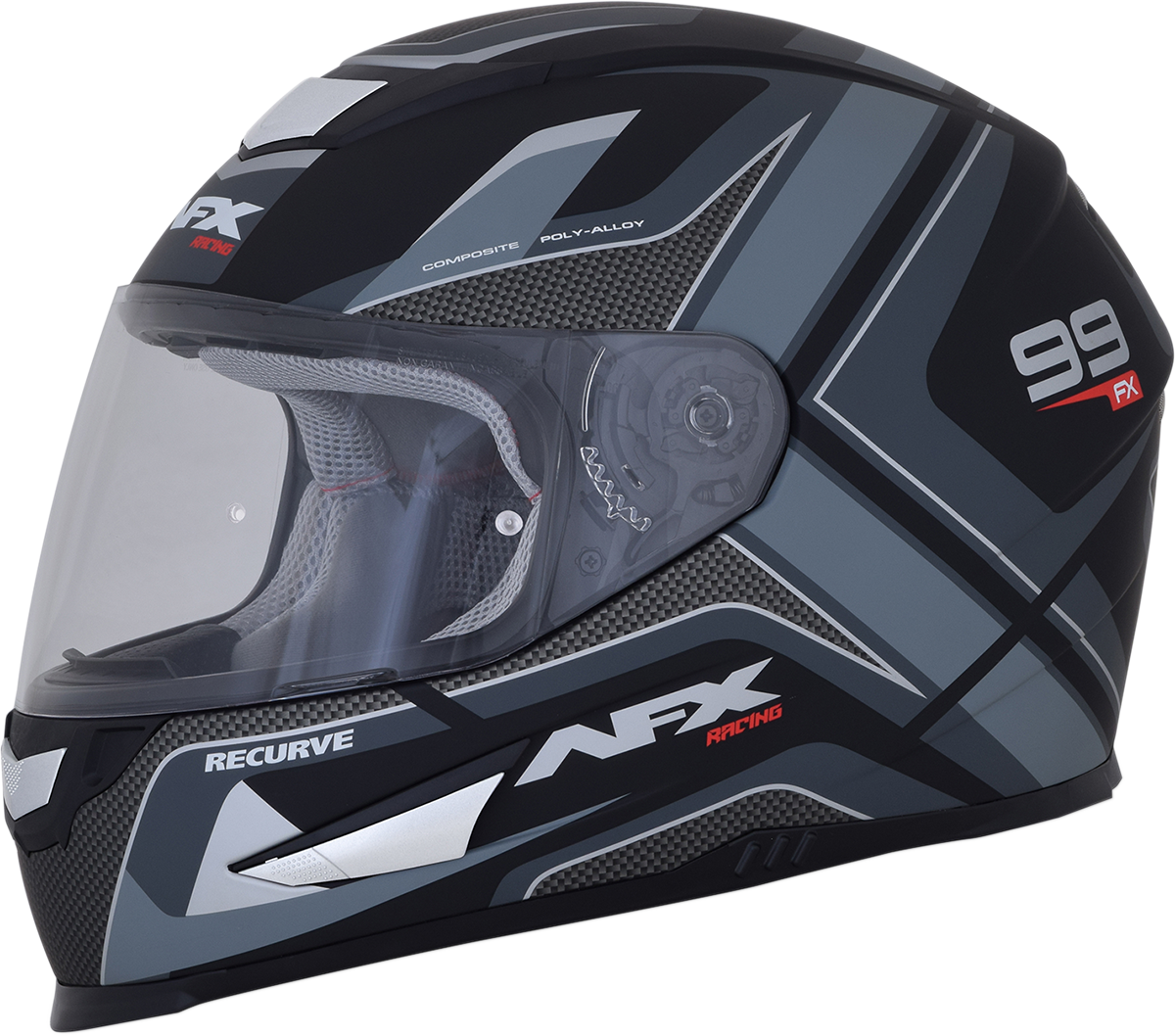 Bill's Exhausts AFX FX-99 Helmet Recurve model in matte black and gray, large size with sleek aerodynamic design.