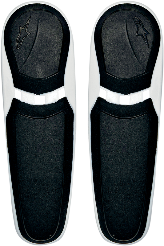 Alpinestars SMX Plus toe sliders in black and white for motorcycle boots, designed for durability and performance.