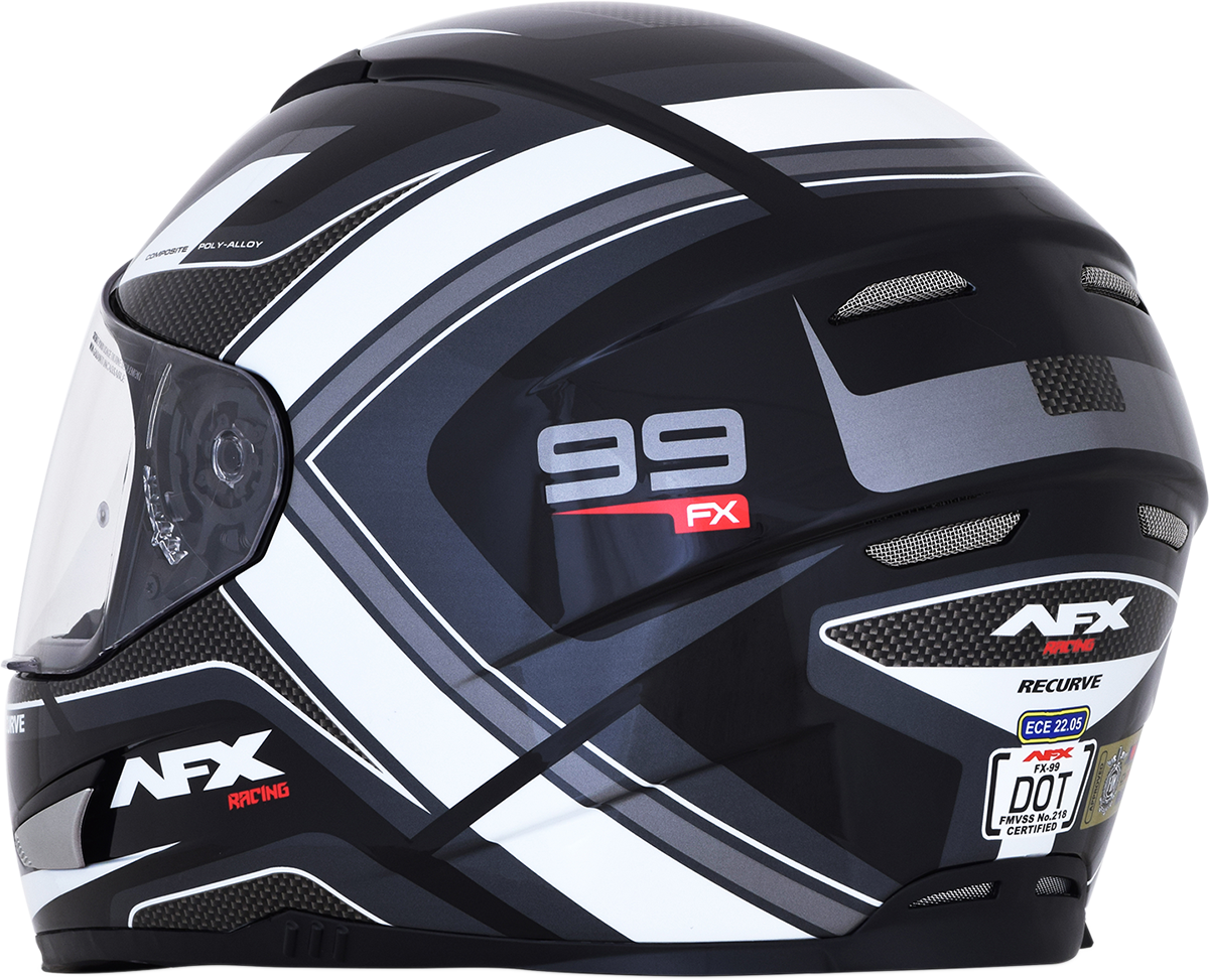 Black and white AFX FX-99 recurve helmet in XL size, featuring a sleek aerodynamic design and adjustable strap.