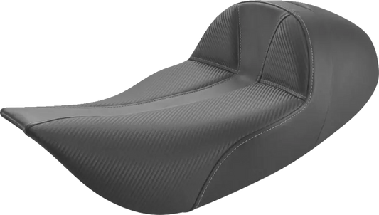 Black SADDLEMEN Dominator Solo Seat with gray stitching, extended reach, stitched design for FLHR/FLHX motorcycles 97-07.