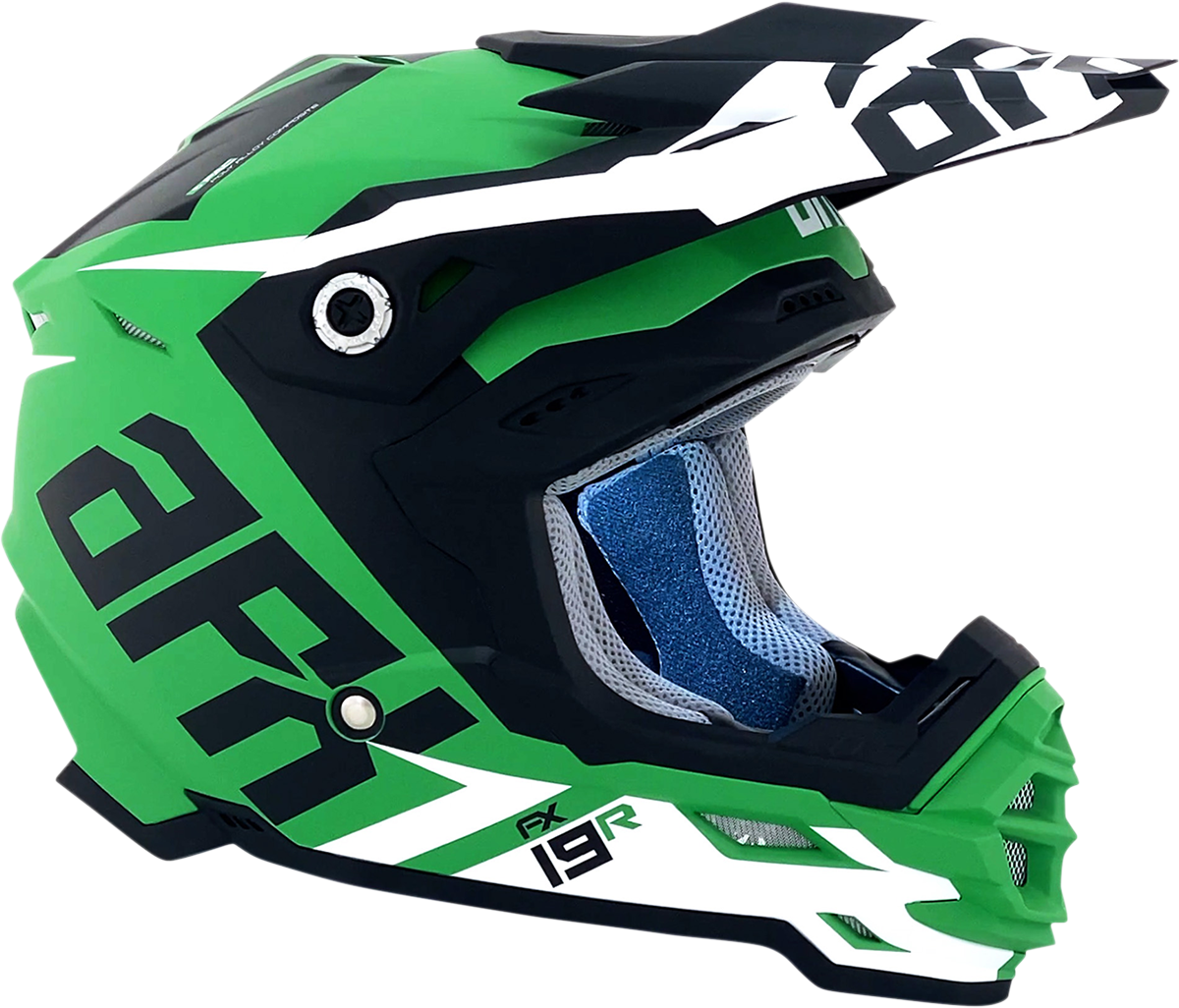 Bill's Exhausts AFX FX-19R racing helmet in matte green, medium size, with sleek aerodynamic design and ventilation features.