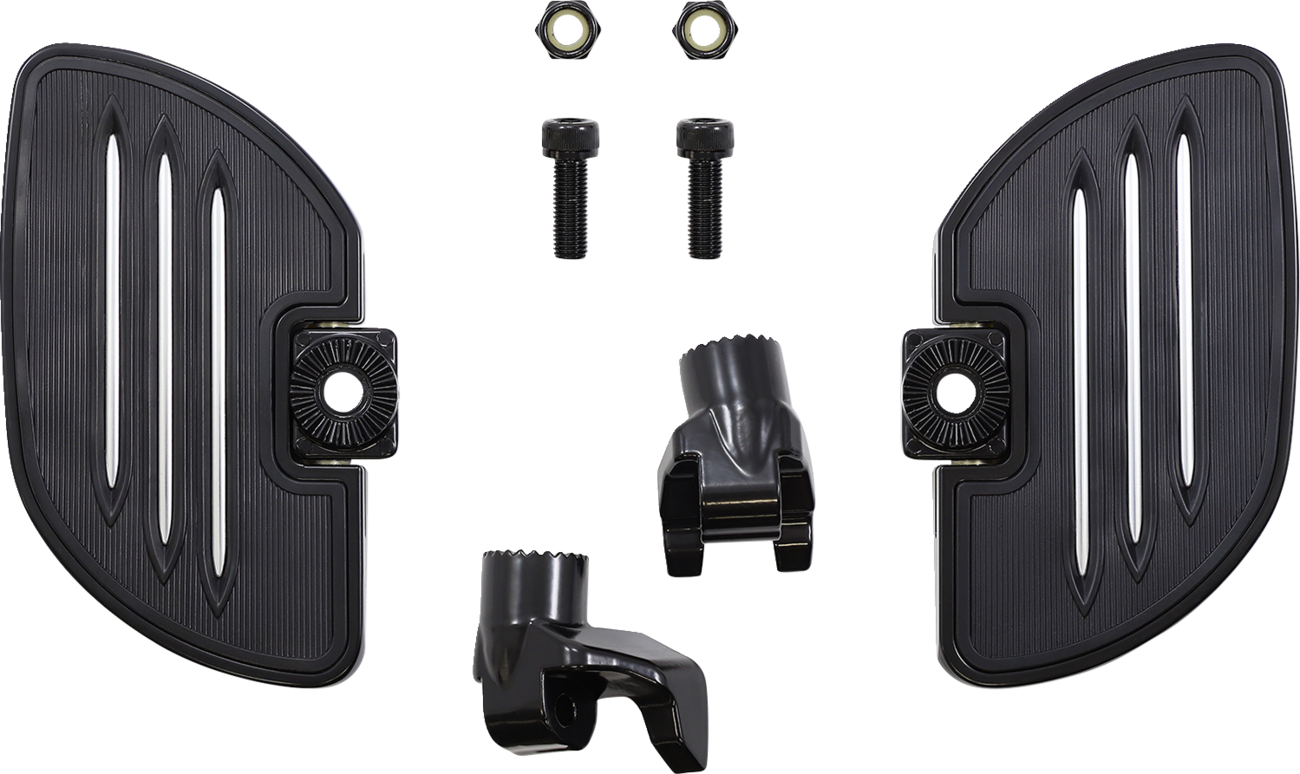 Black SHOW CHROME Driver Floorboards for Ryker, designed for engine mounting, by Bill's Exhausts.