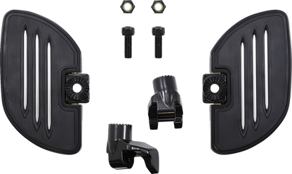 Black SHOW CHROME Driver Floorboards for Ryker, designed for engine mounting, by Bill's Exhausts.