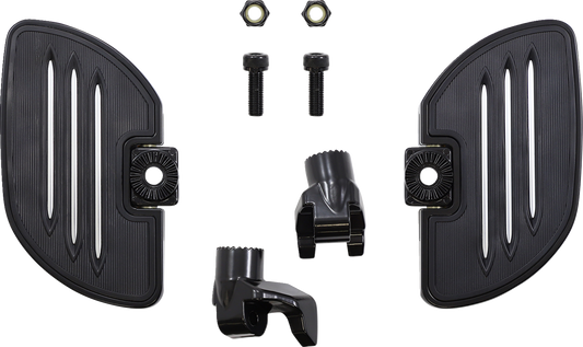 Black SHOW CHROME Driver Floorboards for Ryker, designed for engine mounting, by Bill's Exhausts.