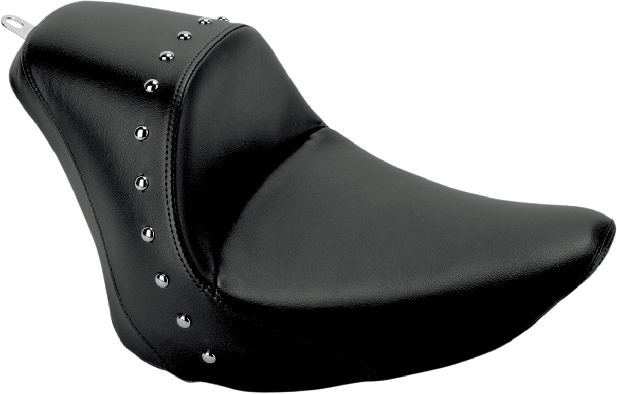 Black SADDLEMEN Heels Down Solo Seat with studs for FXST motorcycles, featuring a streamlined design without backrest.