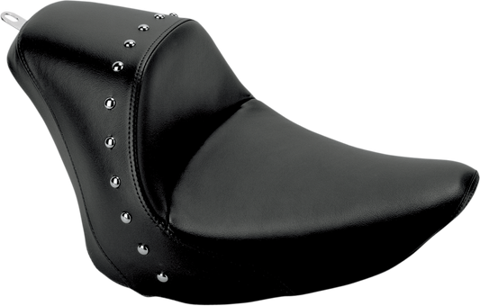 Black SADDLEMEN Heels Down Solo Seat with studs for FXST motorcycles, featuring a streamlined design without backrest.