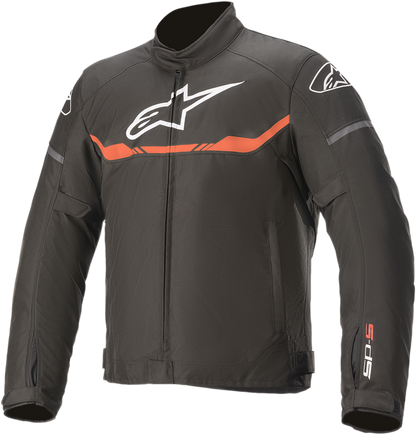 Alpinestars T-SP S waterproof motorcycle jacket in black, white, and red, size small, with visible waterproof fabric and sporty design.