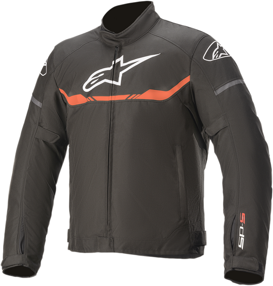 Alpinestars T-SP S waterproof motorcycle jacket in black, white, and red, size 4XL, with protective features and reflective accents.