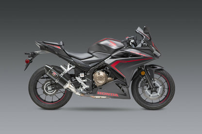 YOSHIMURA Yoshimura 12553B0220 Street R 77 slip-on exhaust with stainless steel and carbon fiber finish, mounted on motorcycle.