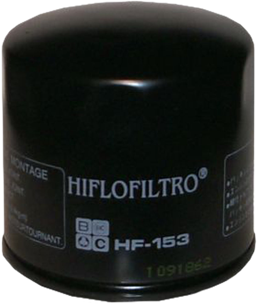 HIFLOFILTRO HF153 motorcycle oil filter showing the cylindrical filter element with metal casing and branding details.
