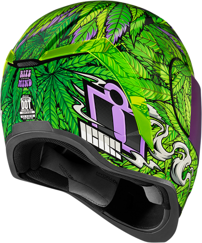 Bill's Exhausts ICON Airform™ Helmet Ritemind Glow™ in green, XL size, with sleek aerodynamic design and adjustable strap.