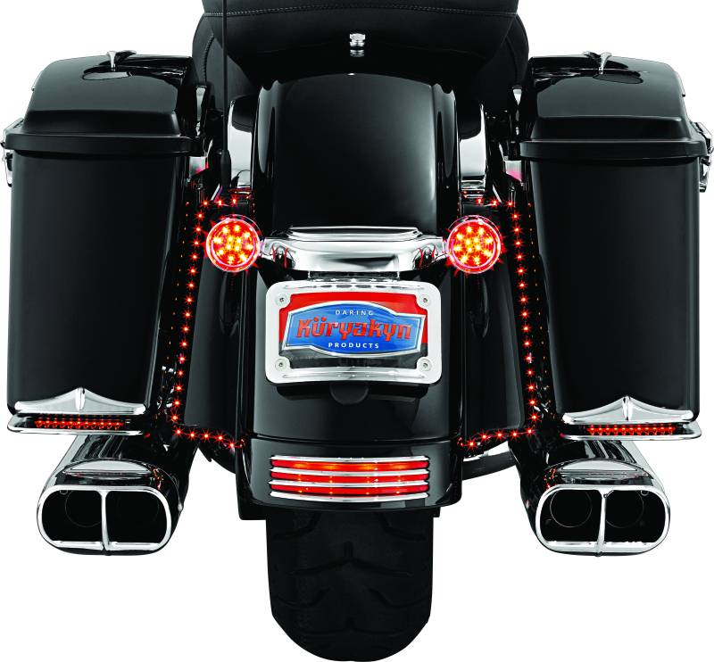 Kuryakyn curved chrome license plate mount for Harley-Davidson Street Glide and Road Glide motorcycles.