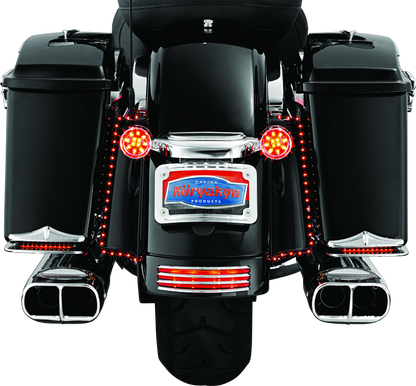 Kuryakyn curved chrome license plate mount for Harley-Davidson Street Glide and Road Glide motorcycles.