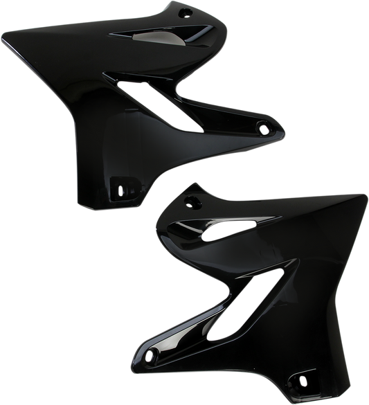 Acerbis black radiator shrouds, motorcycle body parts, detailed view showing sleek black finish and mounting points