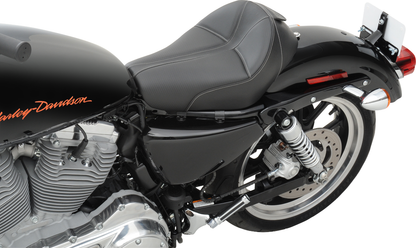Black SADDLEMEN Dominator Solo Seat with gray stitching for XL motorcycles, featuring stitched upholstery, model 807-03-0042.