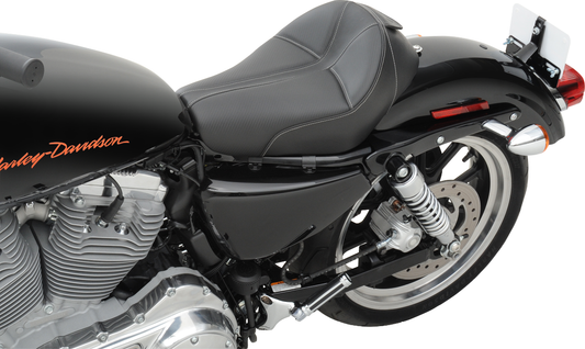Black SADDLEMEN Dominator Solo Seat with gray stitching for XL motorcycles, featuring stitched upholstery, model 807-03-0042.