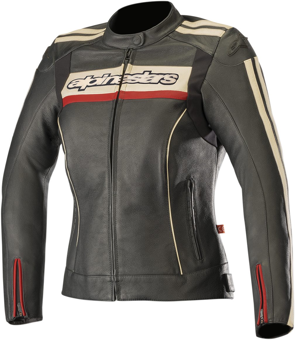 Alpinestars Stella Dyno v2 motorcycle jacket in black and red, US 28, EU 44, with protective armor and stylish design.