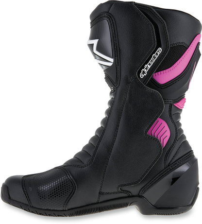 Alpinestars SMX-6 v2 vented motorcycle boots in black, pink, and white, US 10, showing the protective design and branding details.