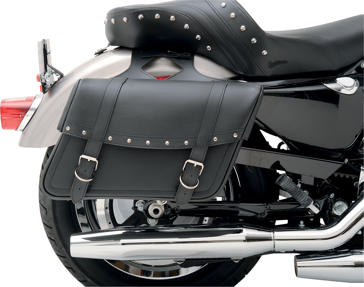 Bill's Exhausts SADDLEMEN Highwayman Rivet Slant-Style Saddlebags on motorcycle seat with rivet details and slant design.