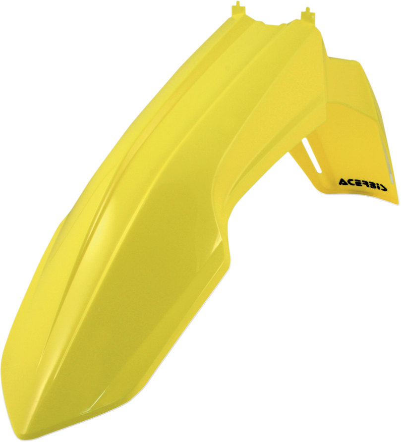 Yellow Acerbis front fender for motorcycle, body part with mounting points, designed by Bill's Exhausts.