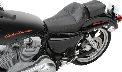 Black SADDLEMEN Dominator Pillion Pad with gray stitching, standard reach, designed for motorcycle seats.