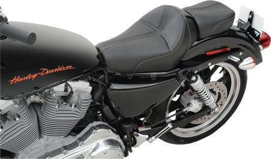 Black SADDLEMEN Dominator Pillion Pad with gray stitching, standard reach, designed for motorcycle seats.