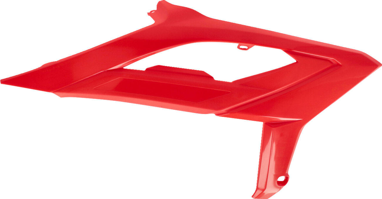 Red ACERBIS radiator shrouds body for motorcycle, featuring sleek design and vibrant color, compatible with various models.