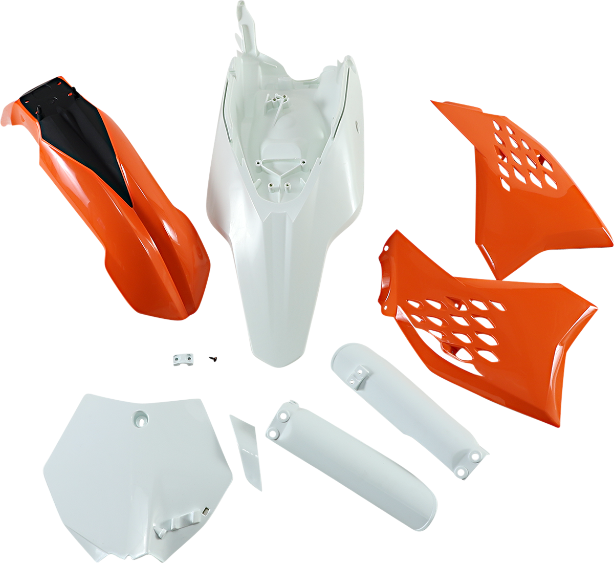 Acerbis full replacement body kit in orange, white, and black for OEM '12 motorcycle, featuring sleek body panels and design.