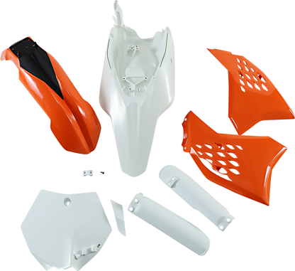 Acerbis full replacement body kit in orange, white, and black for OEM '12 motorcycle, featuring sleek body panels and design.